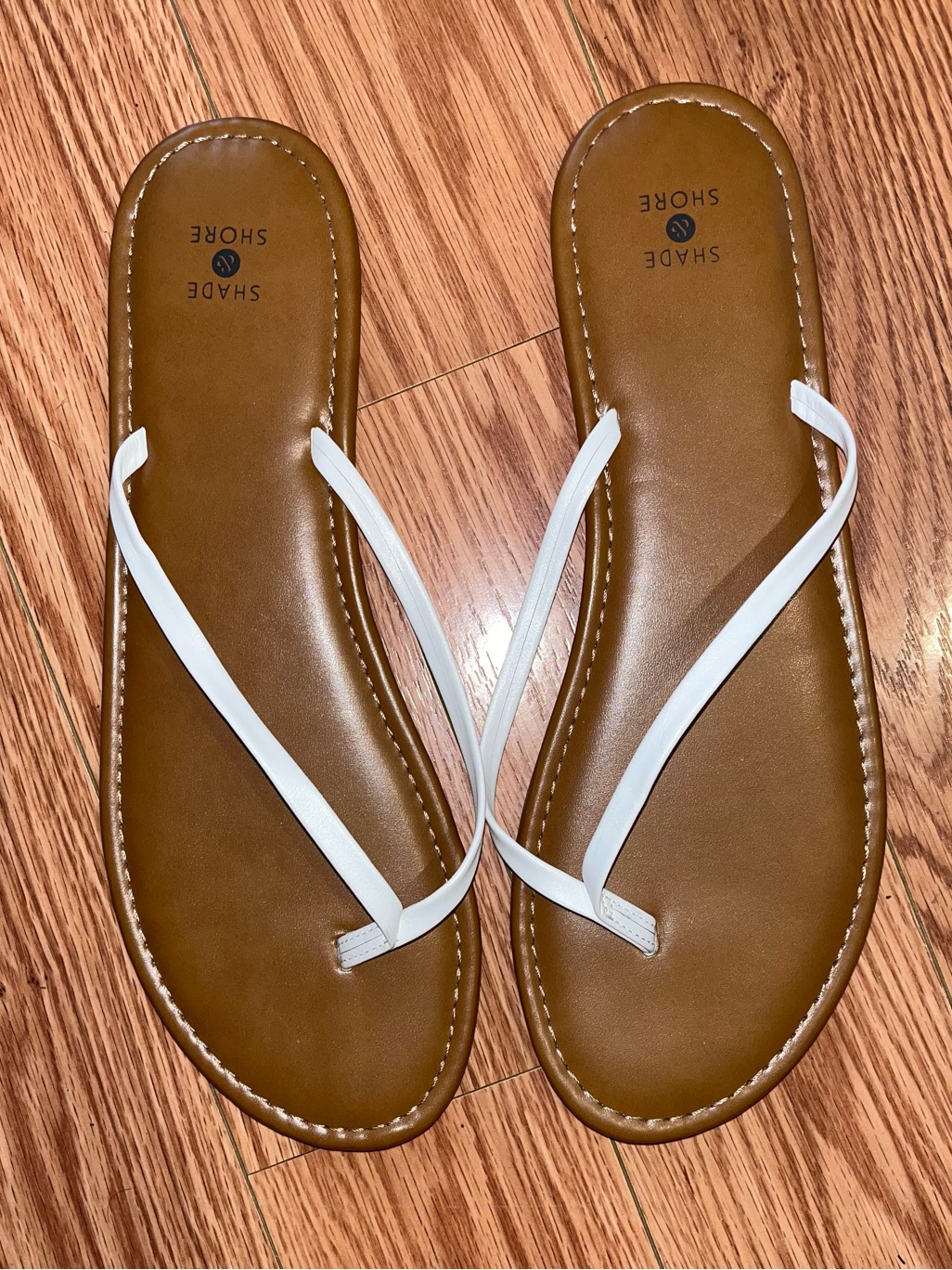 Shade & Shore Leather White Strap Brown Footbed Women's Slide Sandals 11